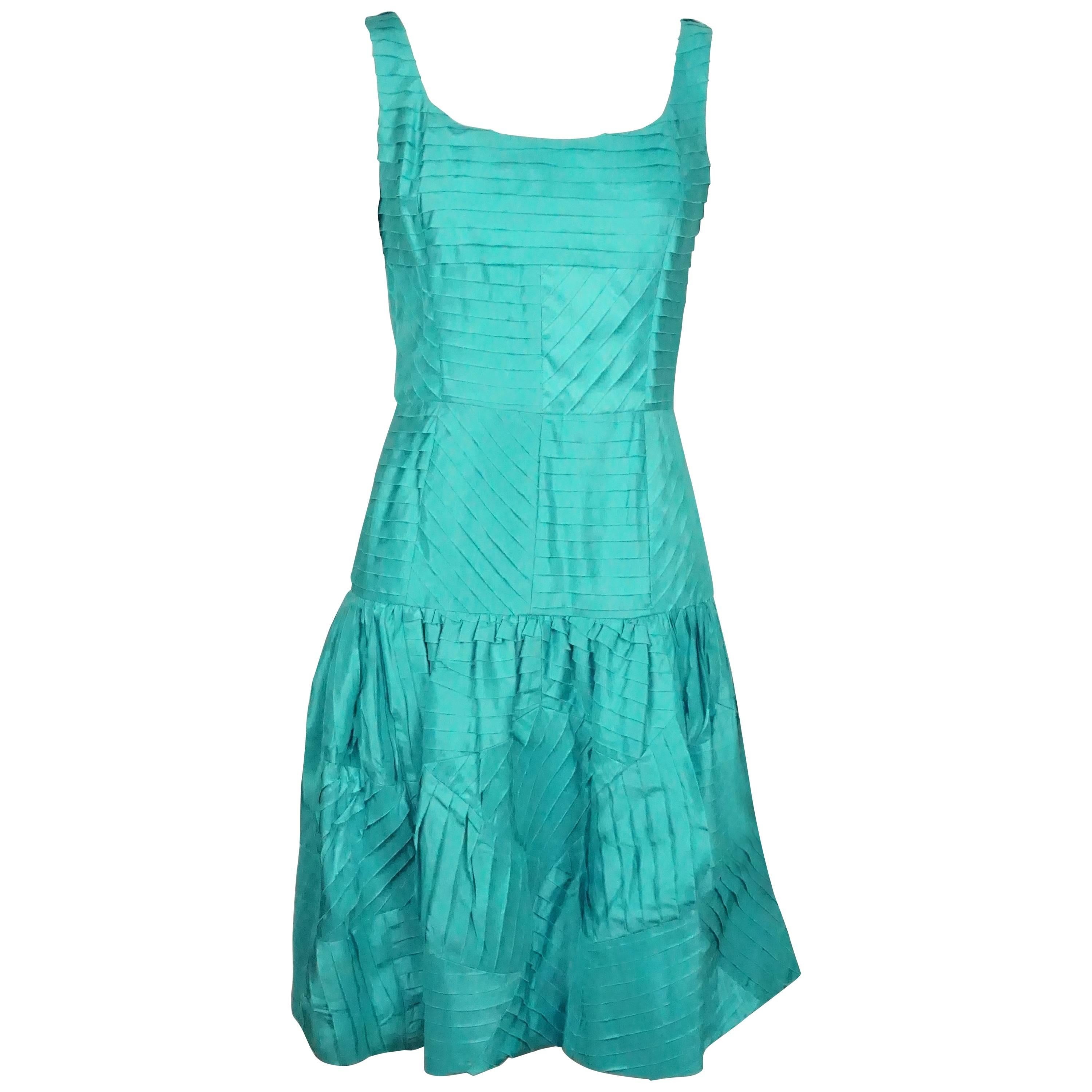 Oscar De La Renta Teal Silk Shutter Pleat Dress 