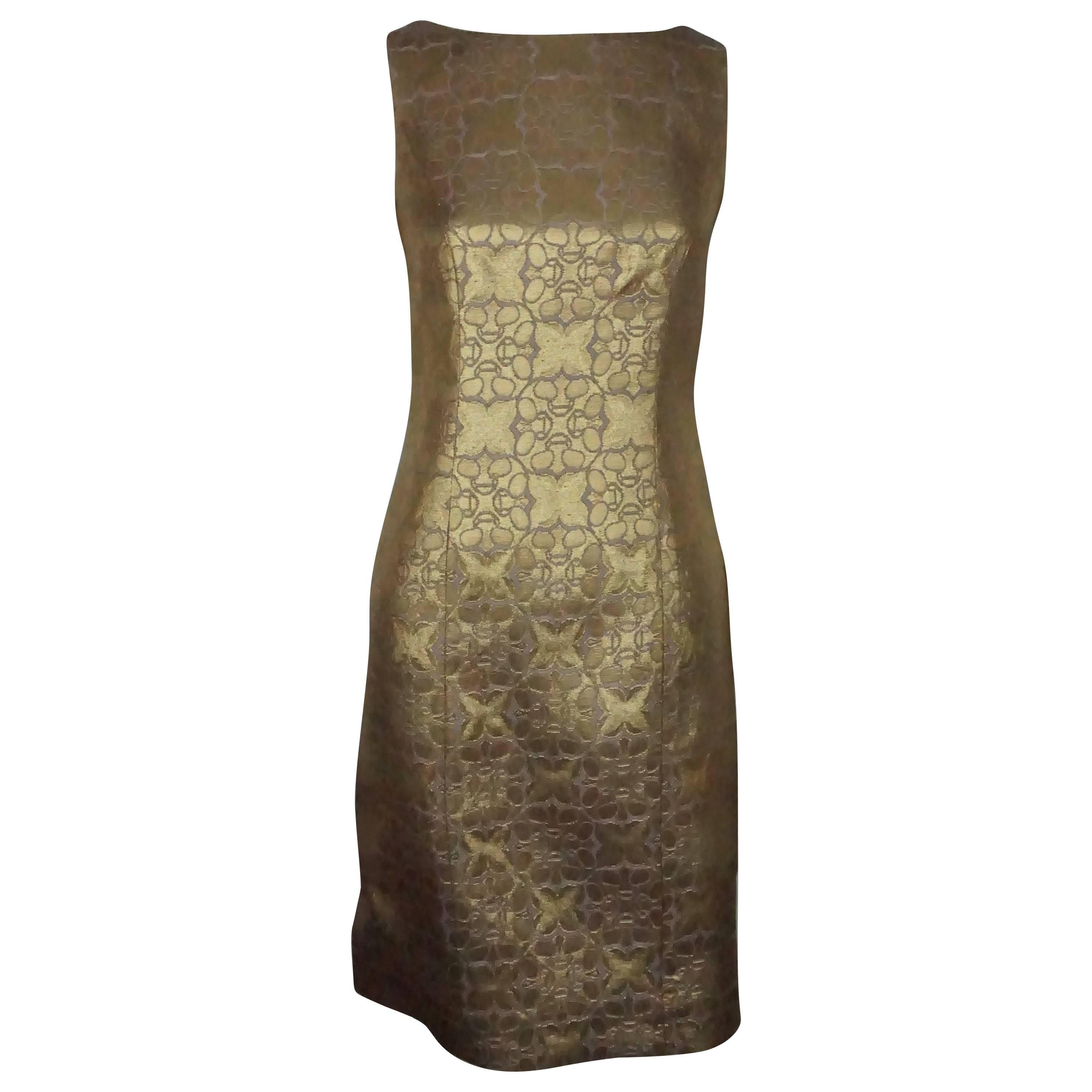 Carolina Herrera Goldfarbenes und lila Brokatkleid  im Angebot