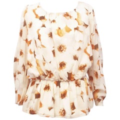 St. John Beige / Orange Floral Scoop Neck Long Sleeve Blouse with Matching Scarf