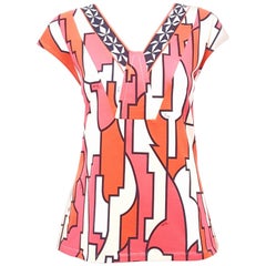 Emilio Pucci Fuchsia Coral Beige & White Sleeveless Cotton Top Size 14 US