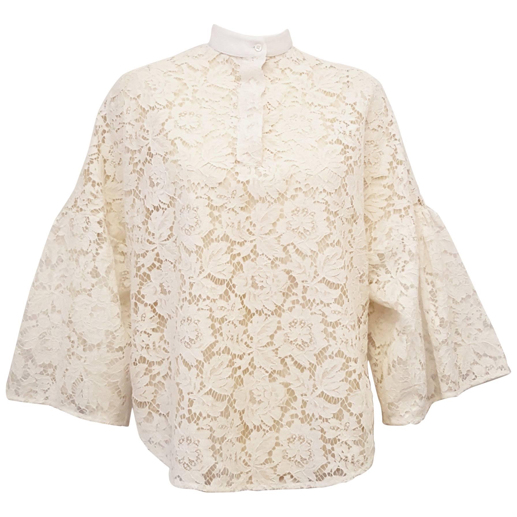Valentino Ivory Mandarin Collar Lace Top with Wide Bell Sleeves For Sale