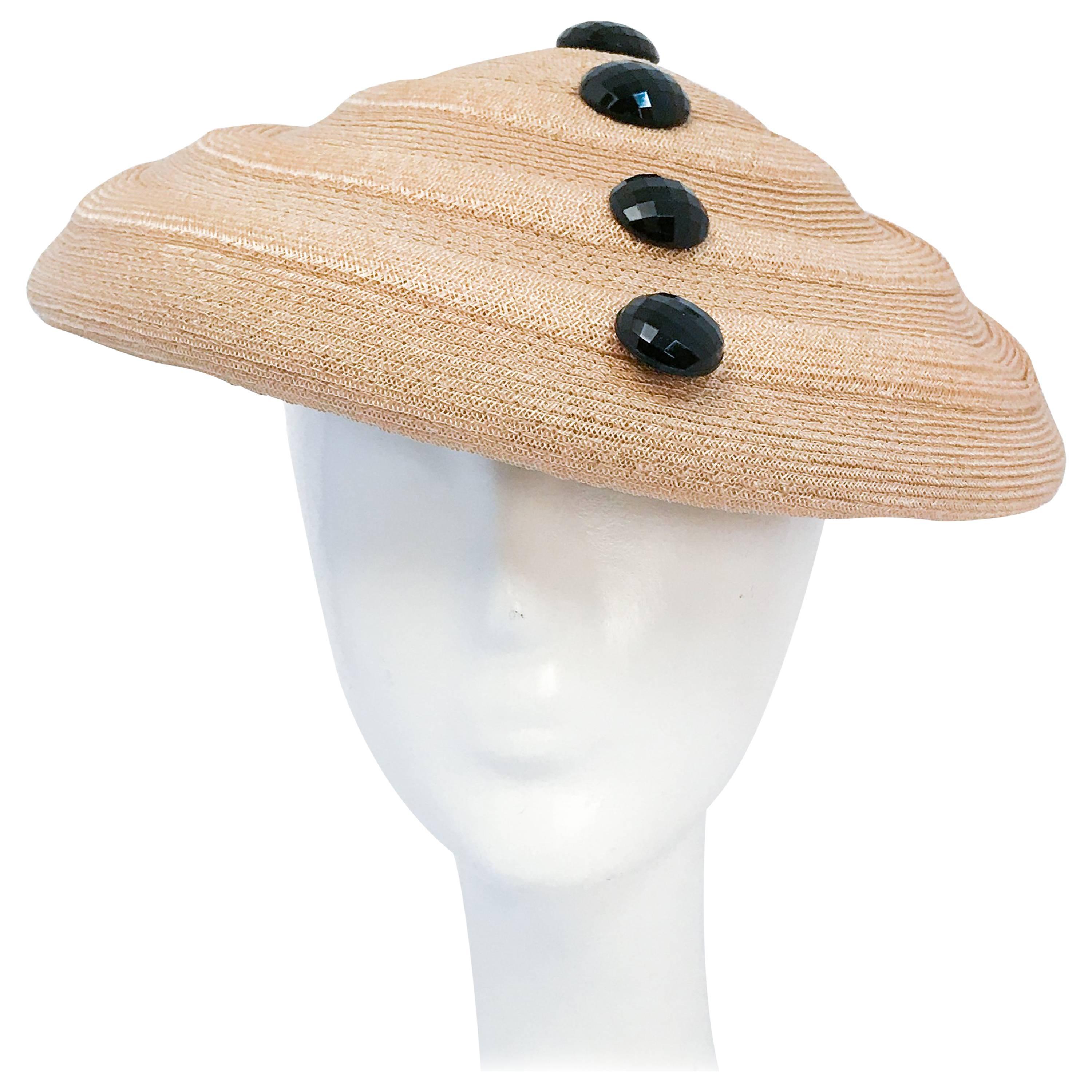 Lilly Daché Woven Straw Hat with Glass Buttons, 1950s 
