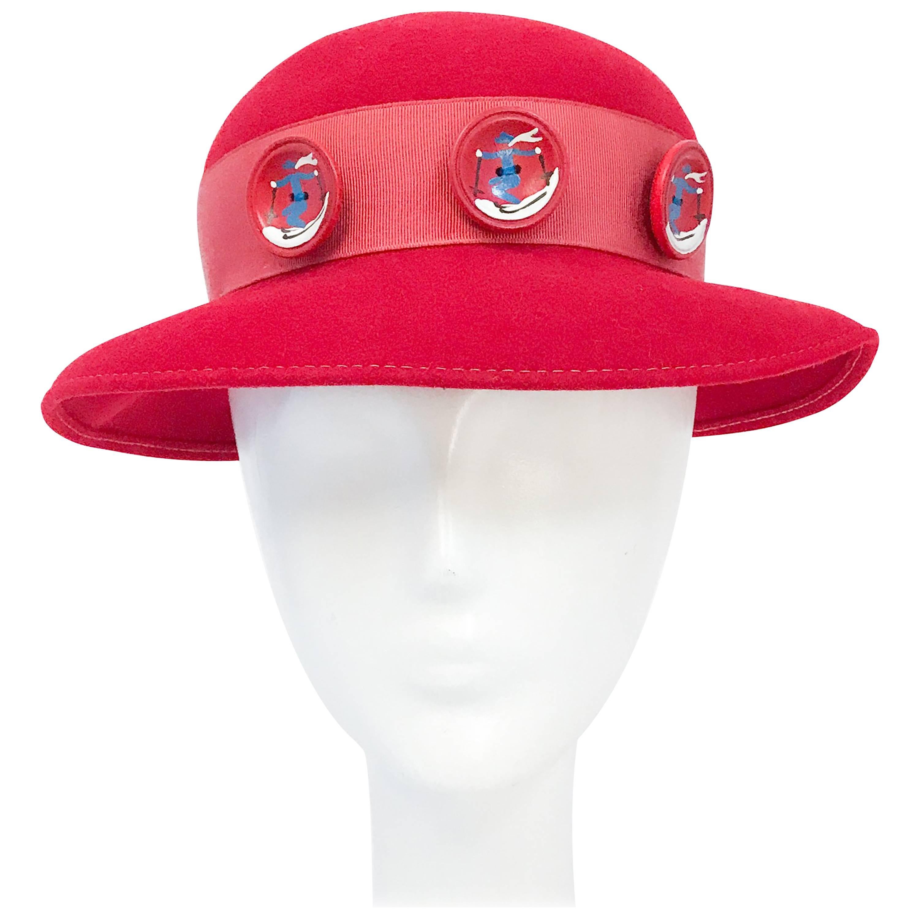 1930s Red Felt hat with Hand Painted Ski Buttons