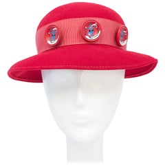 Vintage 1930s Red Felt hat with Hand Painted Ski Buttons