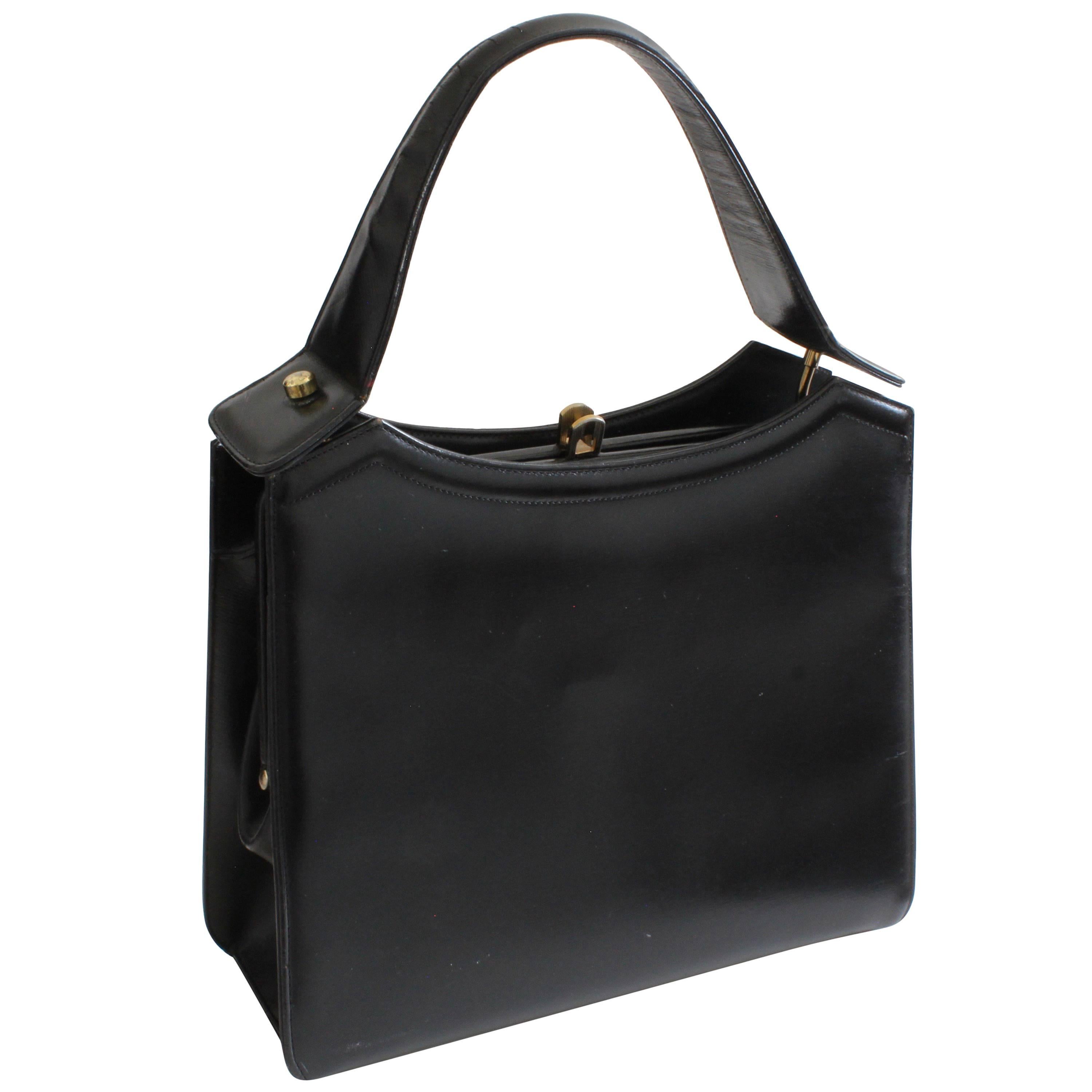 Coblentz Original Top Handle Bag Black Box Leather Structured Bag, 1960s 