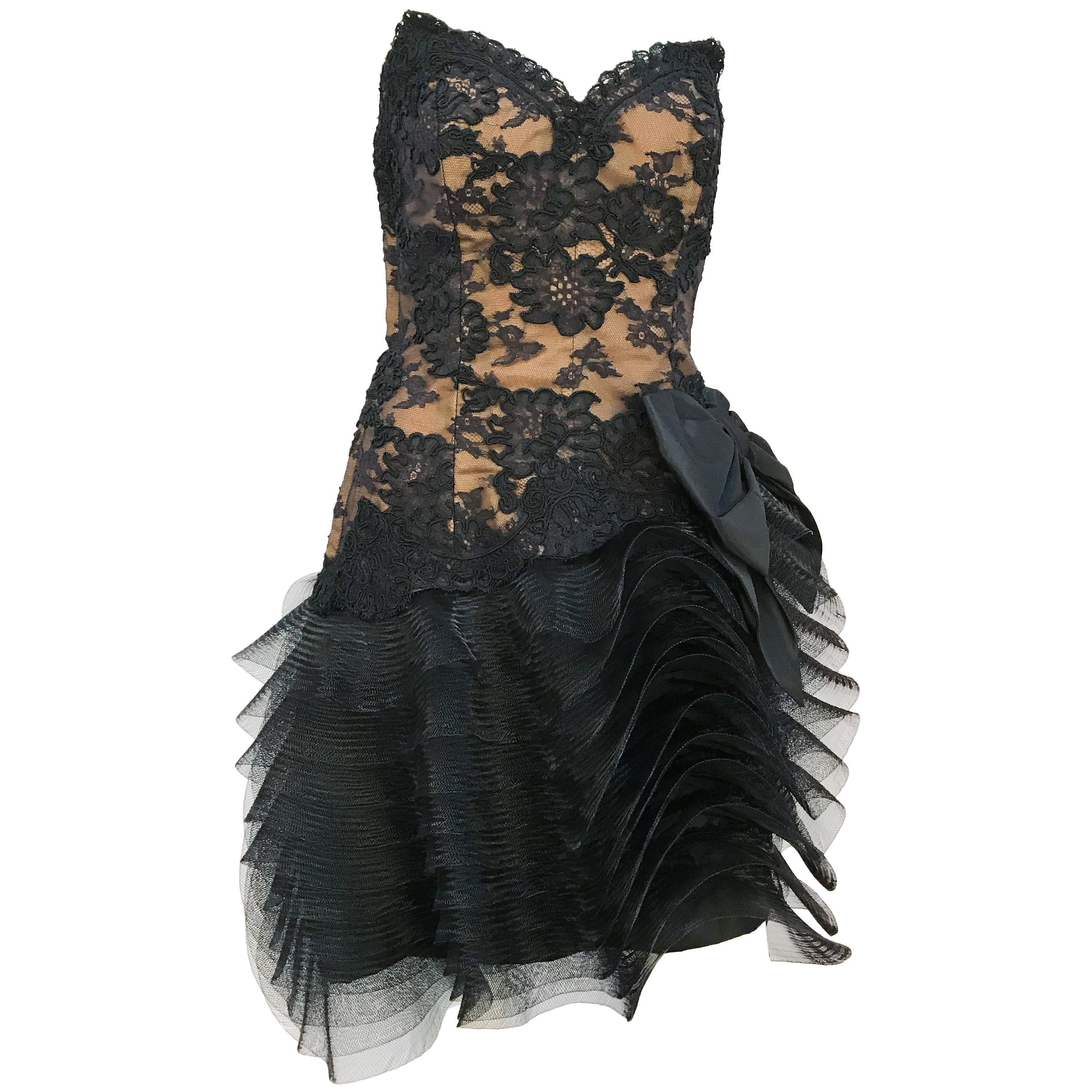 1980s Victor Costa Black Stapless Lace and Tulle Dress