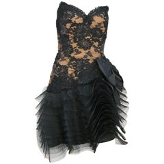 Retro 1980s Victor Costa Black Stapless Lace and Tulle Dress