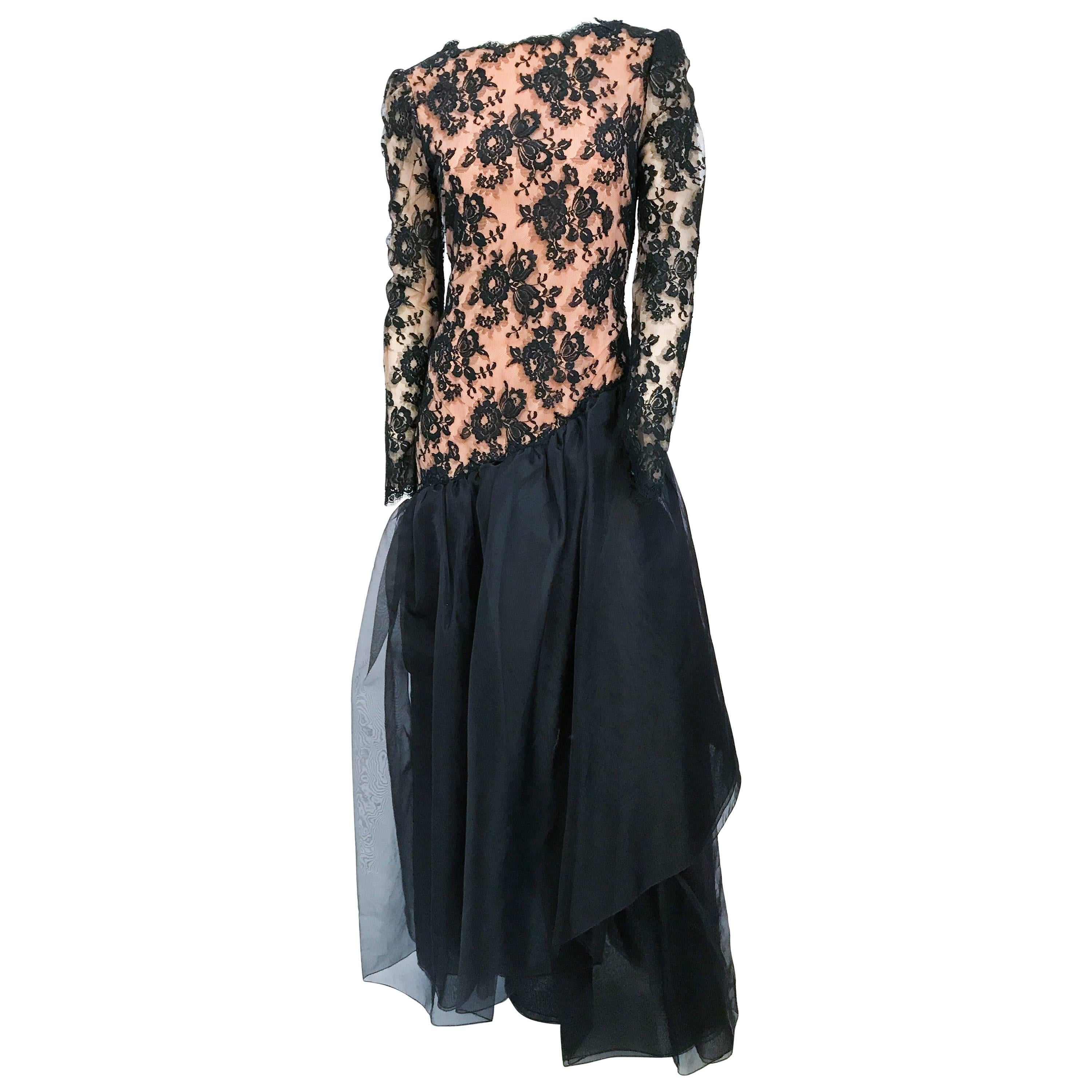 1980s Travilla Black Floral Lace Dress