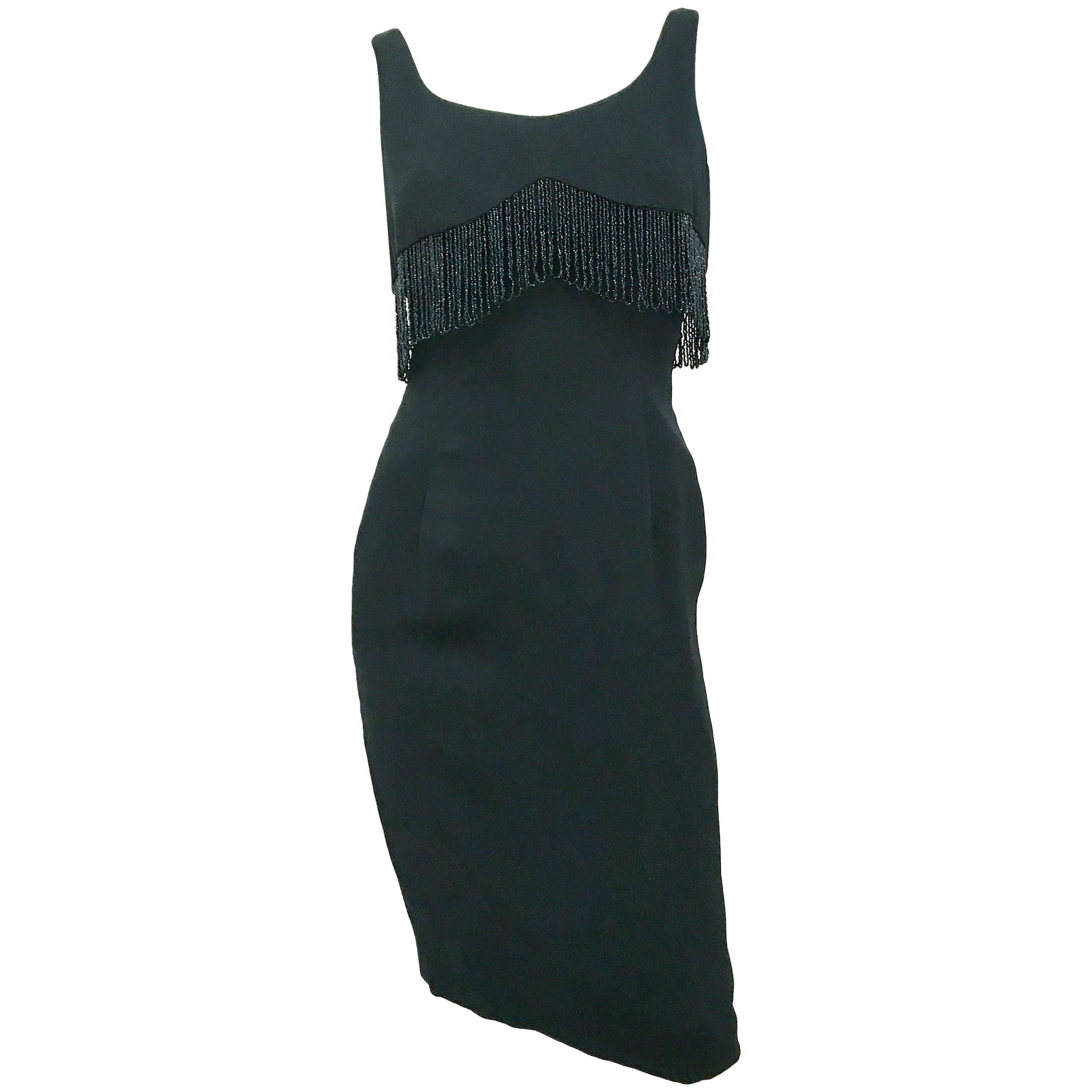 1960s Black Anita Modes Cocktail Dress with Jet Beaded Trim For Sale