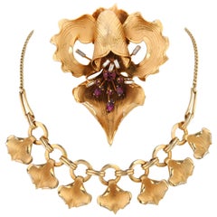 Two-Piece Large Gold Iris Brooch Flower Petal Choker Necklace Parure Set