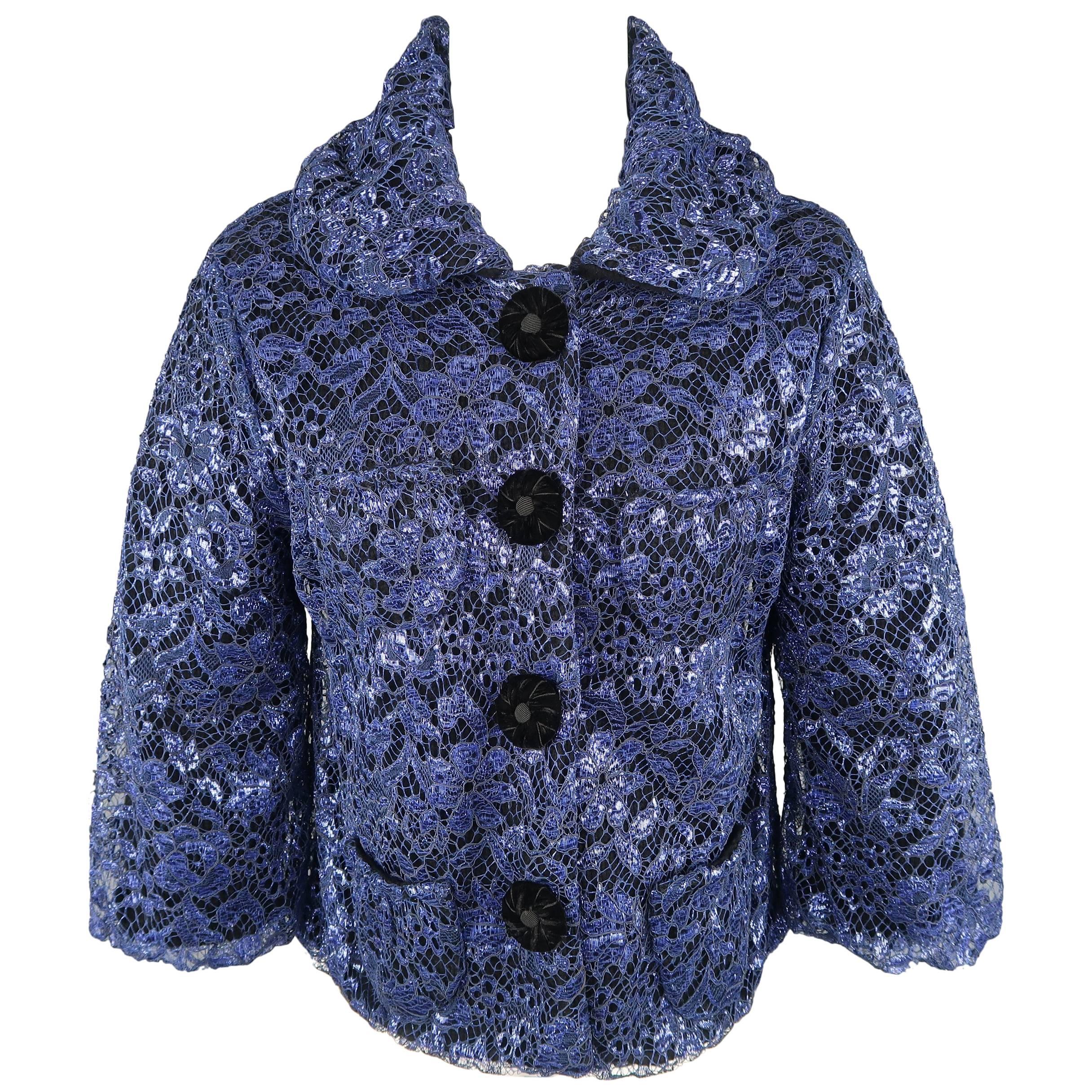 MARC JACOBS Size S Blue Metallic Lace Overlay Cashmere Jacket