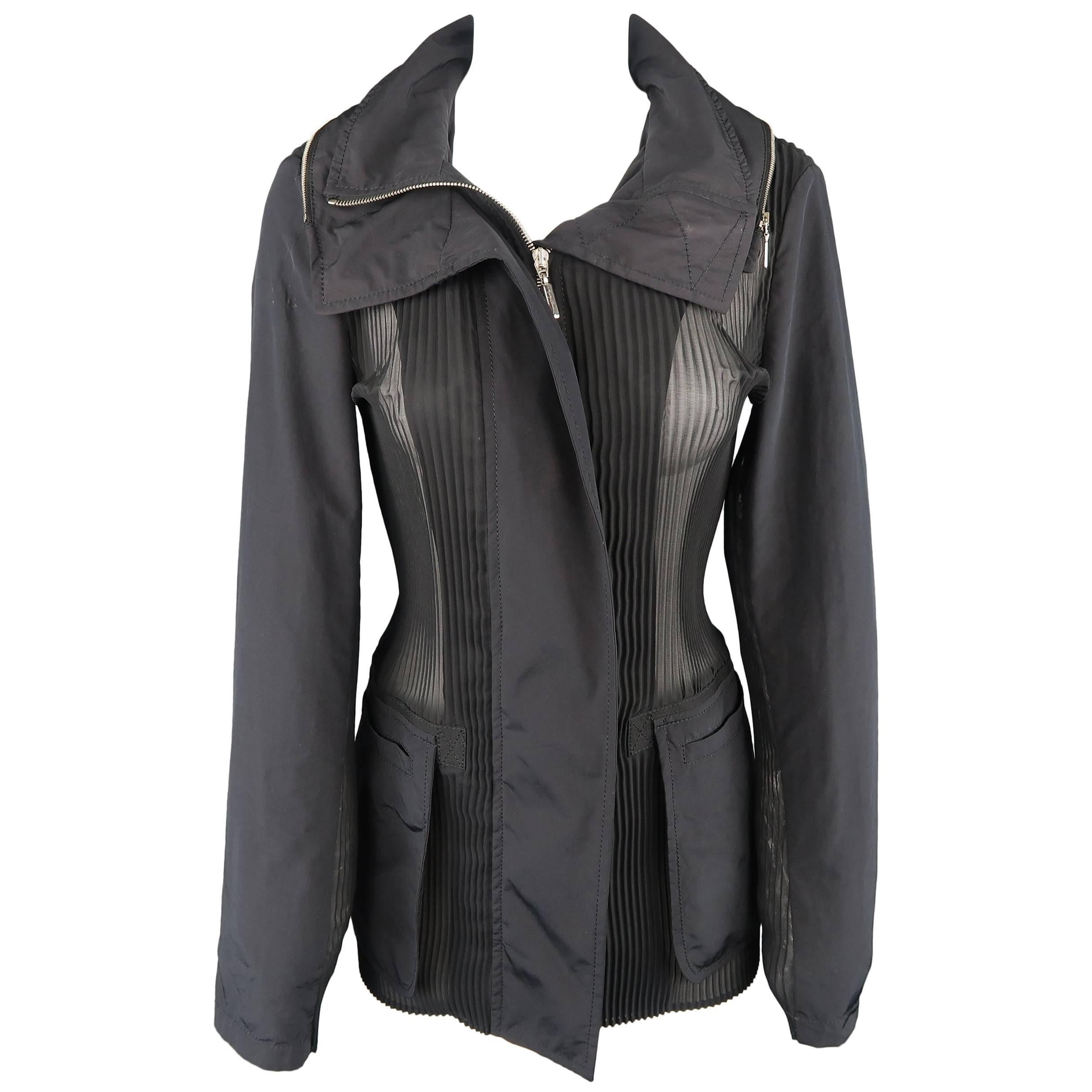 GIORGIO ARMANI Size 6 Black SHeer Pleated Zip Hood Jacket