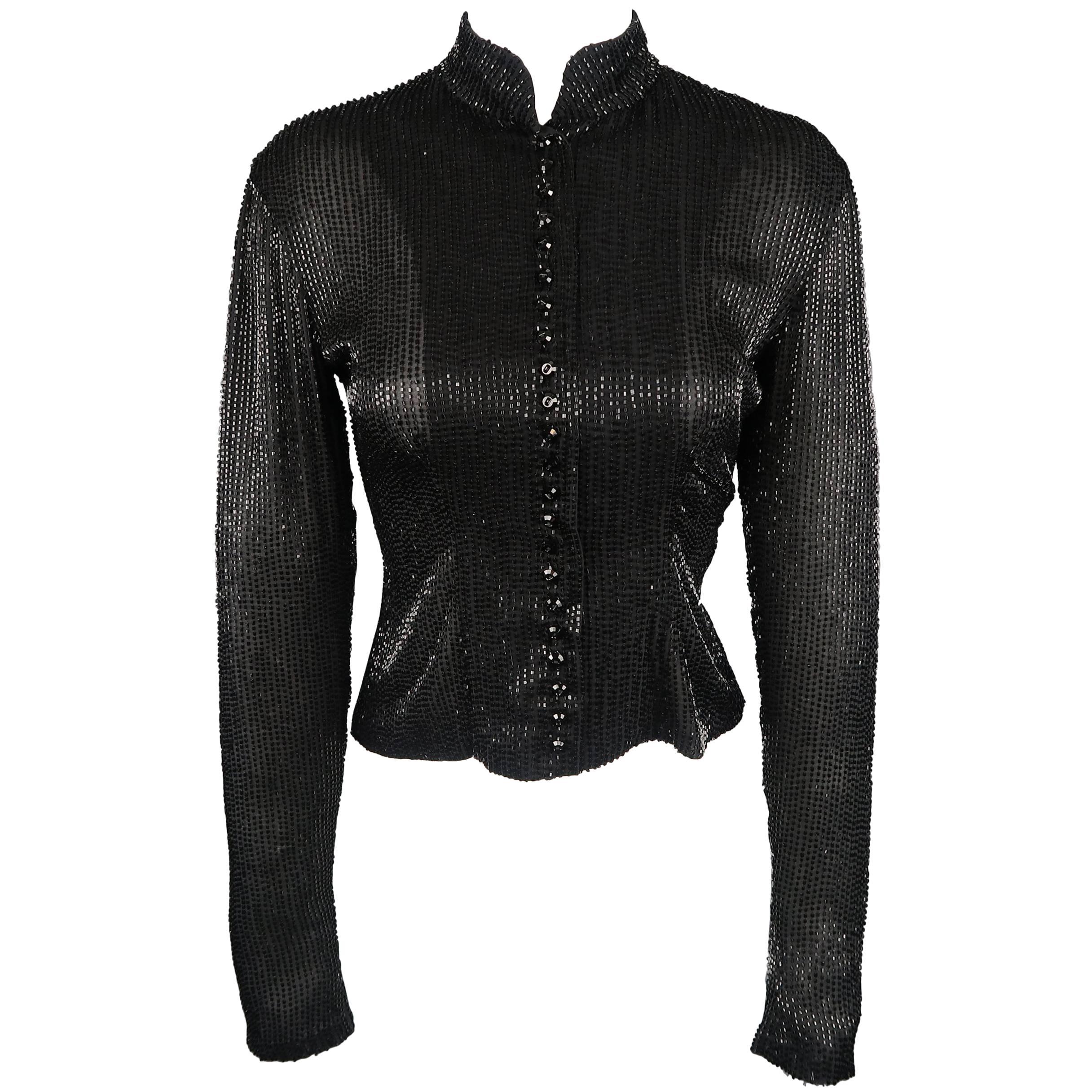 Ralph Lauren Collection Black Beaded Silk Nehru Collar Evening Blouse