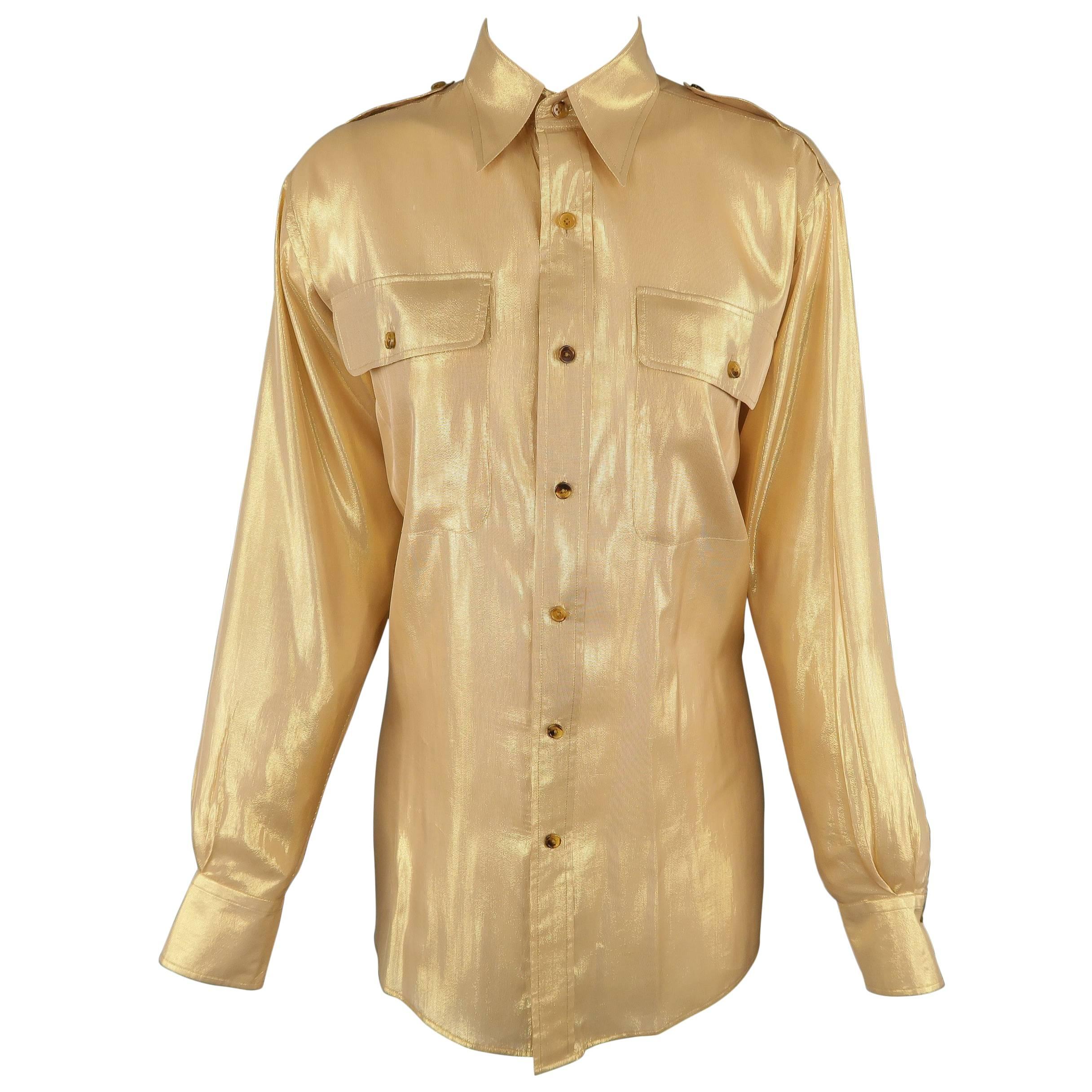 RALPH LAUREN Size 6 Gold Silk Lame' Military Blouse at 1stDibs