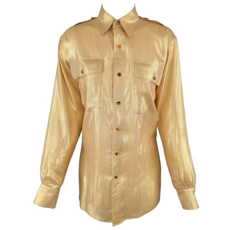 RALPH LAUREN Size 6 Gold Silk Lame' Military Blouse at 1stDibs | lauren lame
