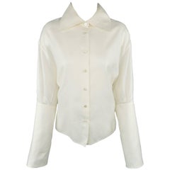  LAGERFELD Size 10 Off White Cotton Wide Collar Extended Cuff Puff Blouse