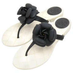 Chanel Black Camellia White Quilted Jelly Thong Sandals Size 37