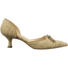 MANOLO BLAHNIK Size 7.5 Beige Woven Fabric Pointed Bow D'Orsay Pumps