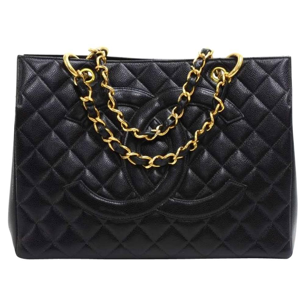 Chanel Vintage Black Quilted Caviar Leather Shopping Tote Bag 