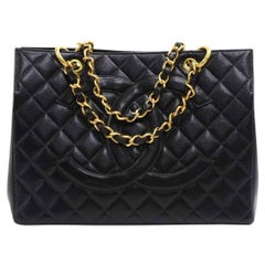 Chanel Vintage Black Quilted Caviar Leather Shopping Tote Bag