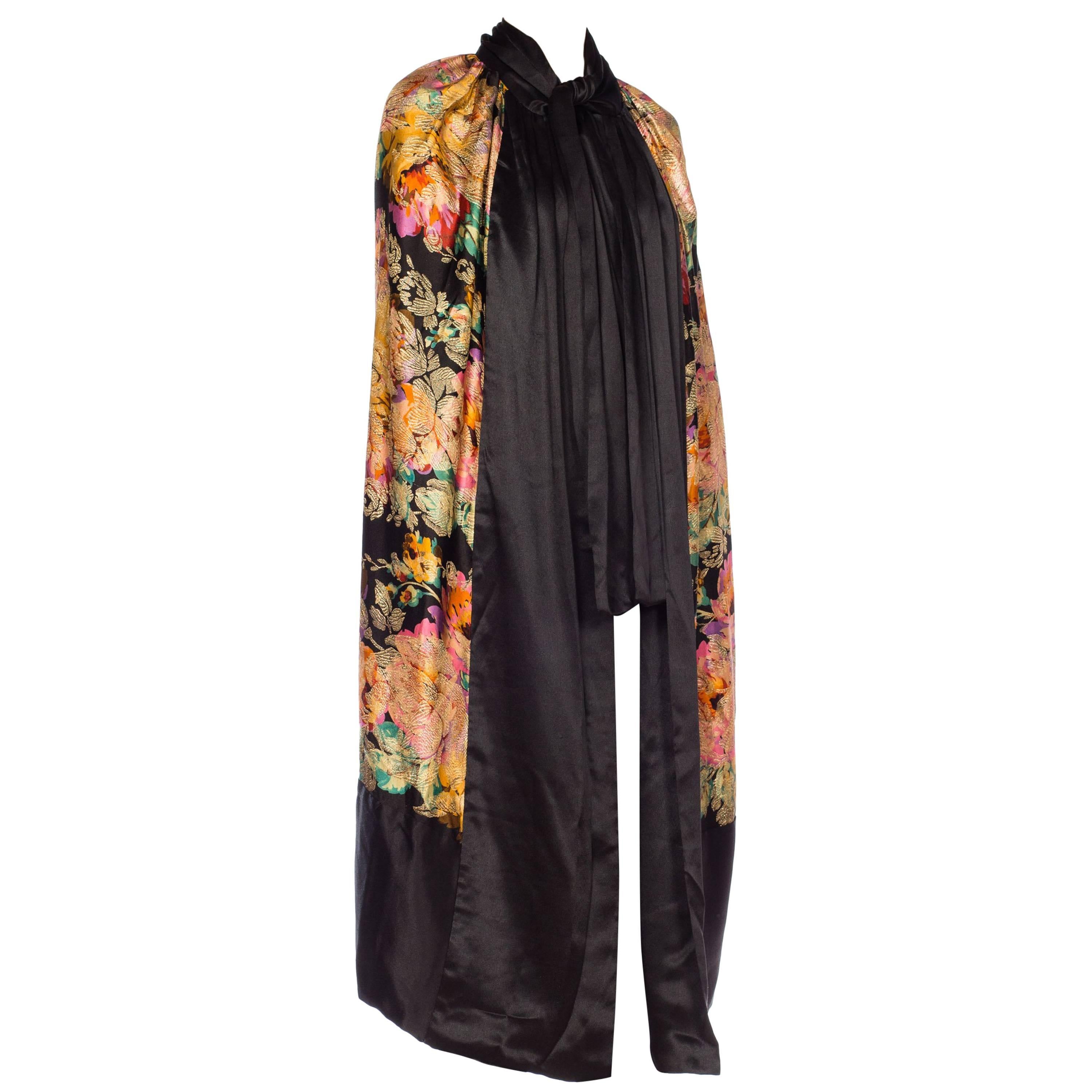 Art Deco Floral Silk Lamé Cape with Satin Borders and Neck Tie, 1920s 