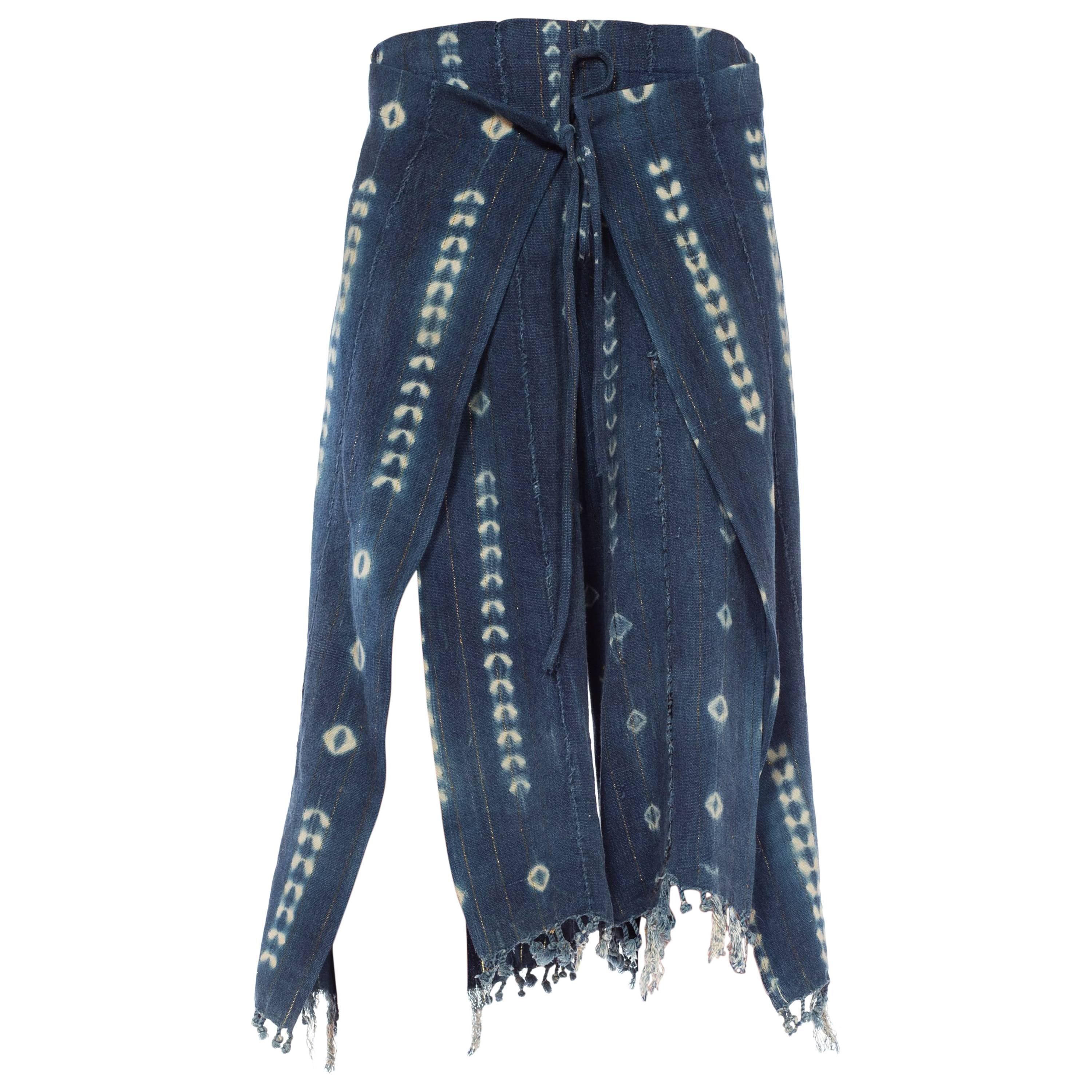 Handwoven Tie-dyed African Indigo Wrap Pants with Gold Threads