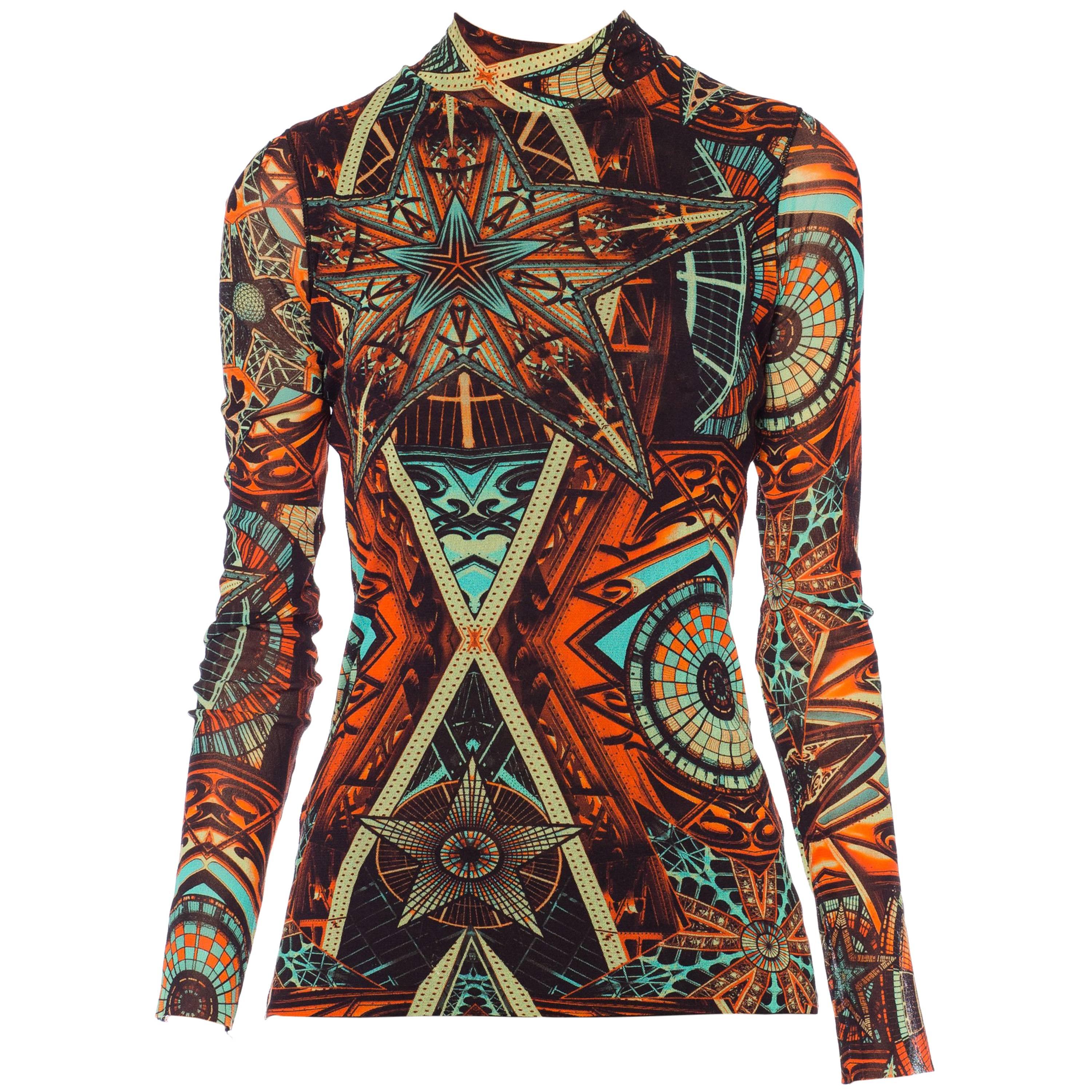 1990S JEAN PAUL GAULTIER Printed Poly/Lycra Mesh Top With Abstract Geometrics