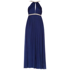 1970S Navy Blue Polyester Jersey Backless Empire Waist Goddess Gown