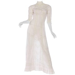 Antique Belle Epoque Swan Neck Princess Line Victorian Organic Cotton and Lace Tea Dress