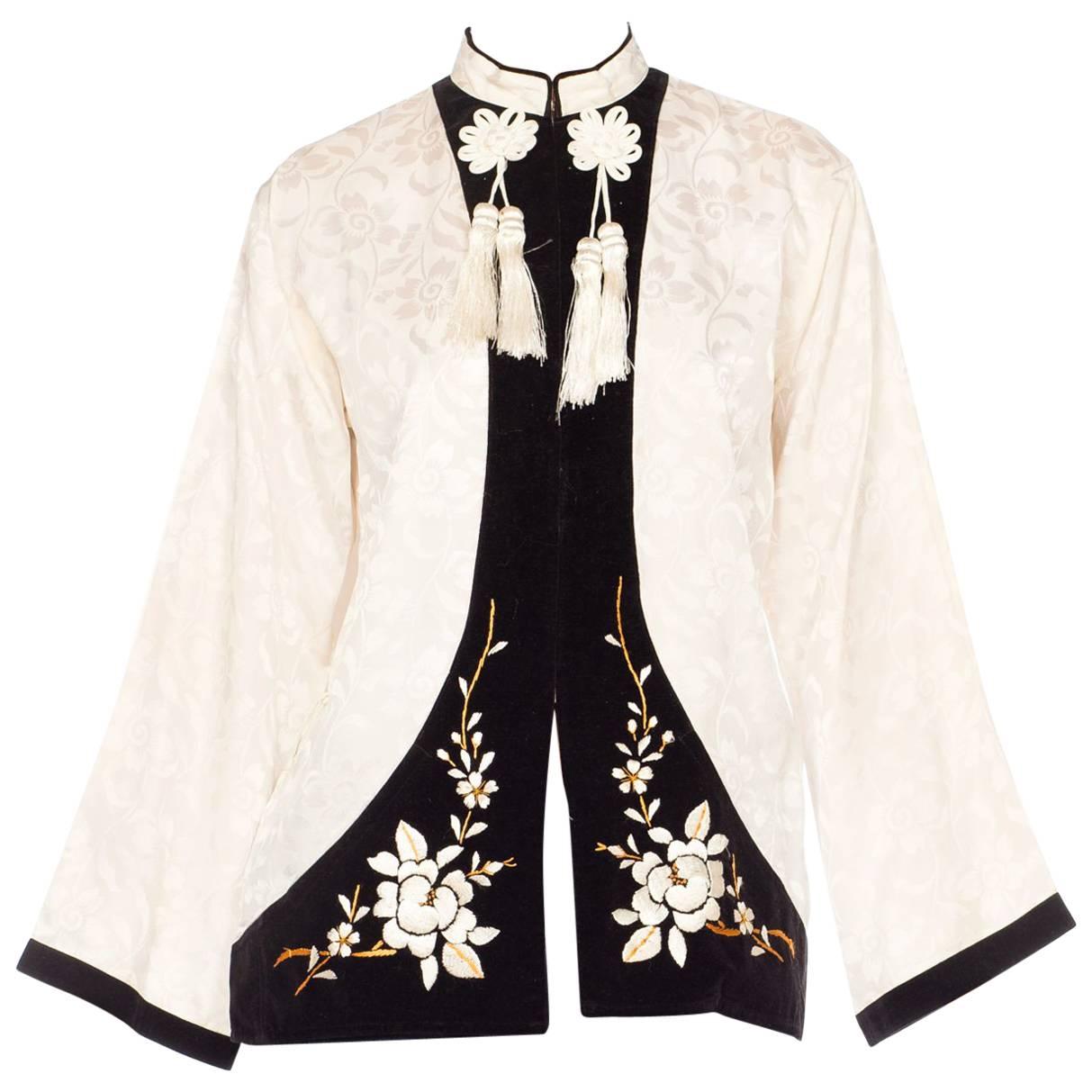 1940s Embroidered Satin and Velvet Chinese Jacket with Tassels