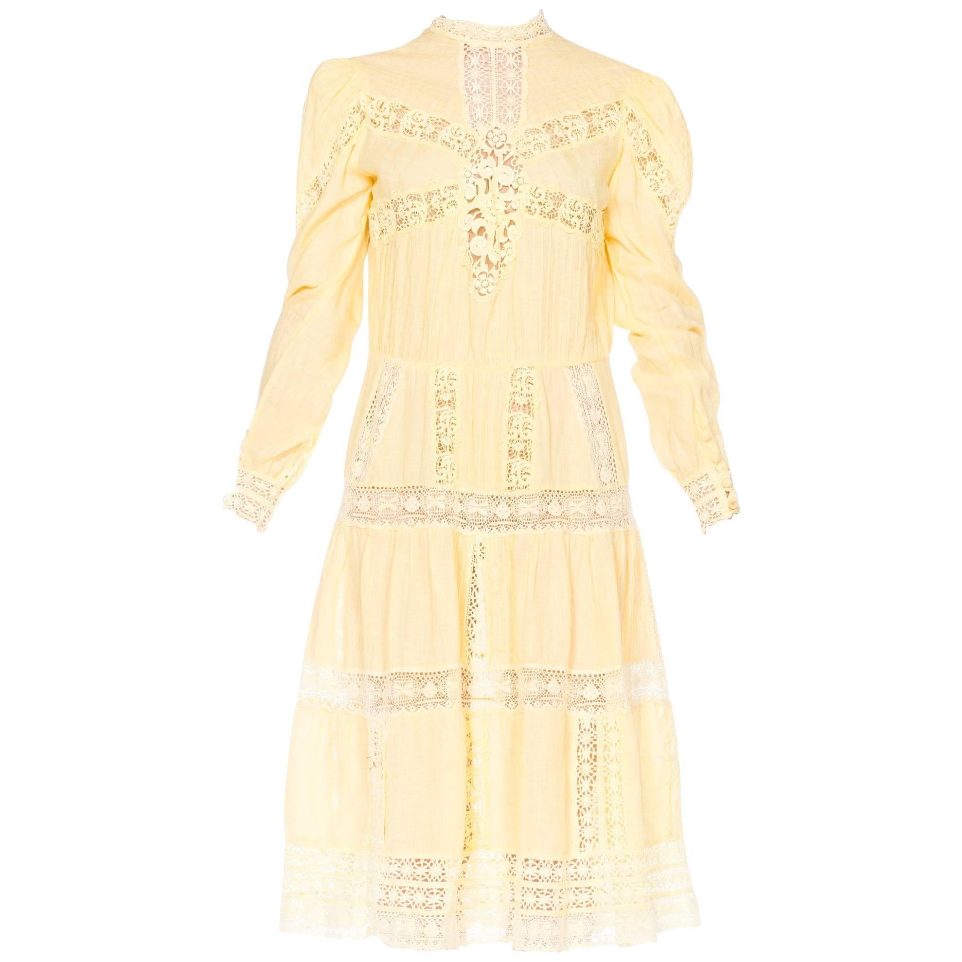 1970s Victorian Style Linen Dress with Handmade Lace Details