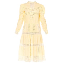 1970s Victorian Style Linen Dress with Handmade Lace Details