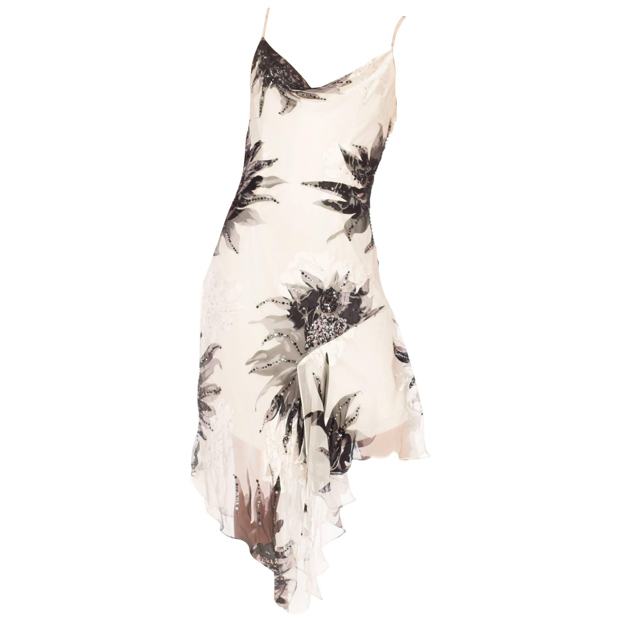 1990s John Galliano Style Bias Beaded Black and White Floral Print Burnout Dress