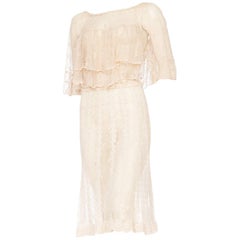 1980s Hand Crocheted Boho Short Sleeve Net Cotton Dress