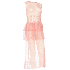 Sheer Pink Hand Crochet Cotton Net Dress, 1980s  