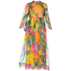 1960s 1970s Floral Print Dress with Bell Sleeves