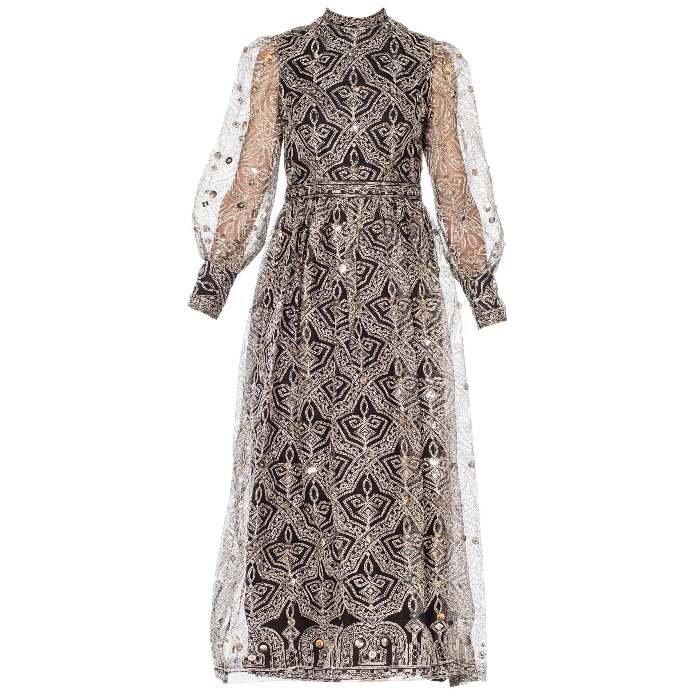 Mollie Parnis Metallic Lurex Embroidered Net with Studded Sequins,  1960s 1970s 
