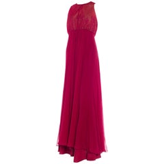 1970S ALFRED BOSAND Cranberry Red Beaded Silk Chiffon Demi Empire Waist Gown Wi