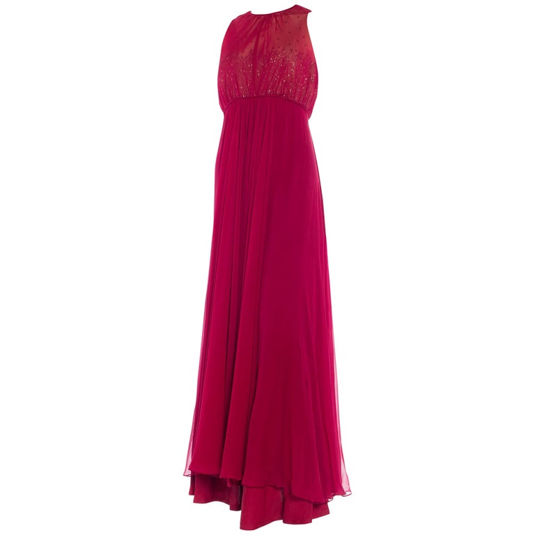 1970S ALFRED BOSAND Cranberry Red Beaded Silk Chiffon Demi Empire Waist Gown Wi For Sale