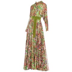 Vintage Moroccan Inspired Printed Chiffon Dress woven with Lurex, 1970s 