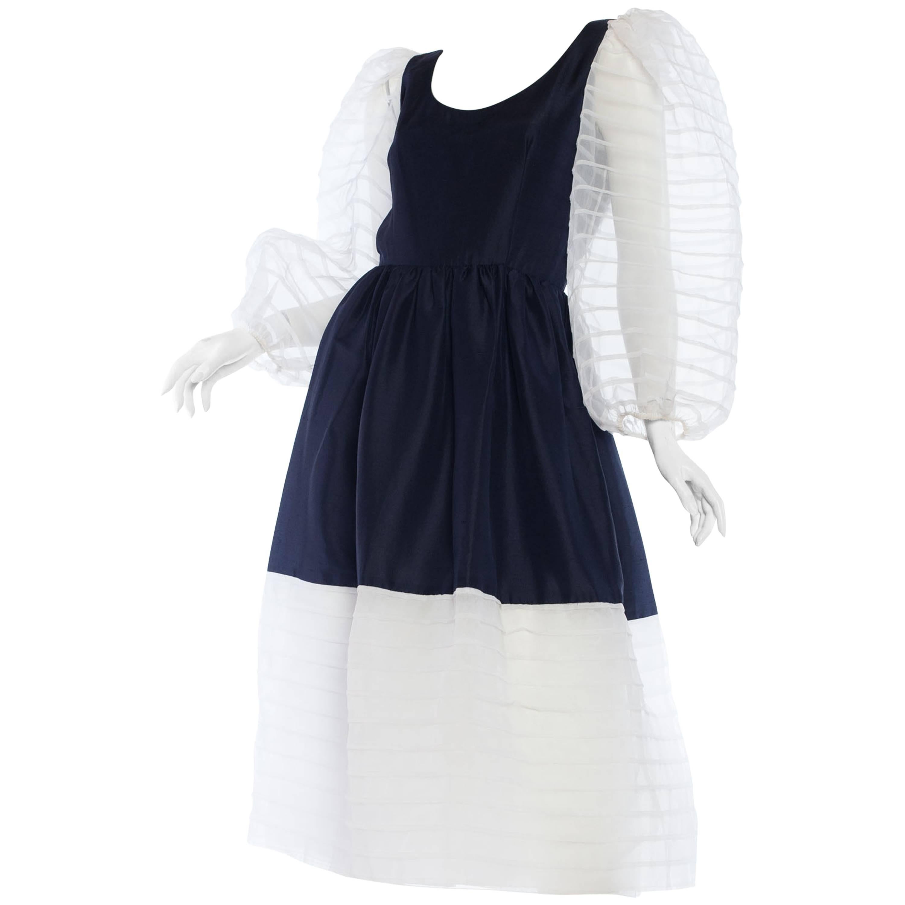 1960s Navy and White Puffy Sleeve Dress