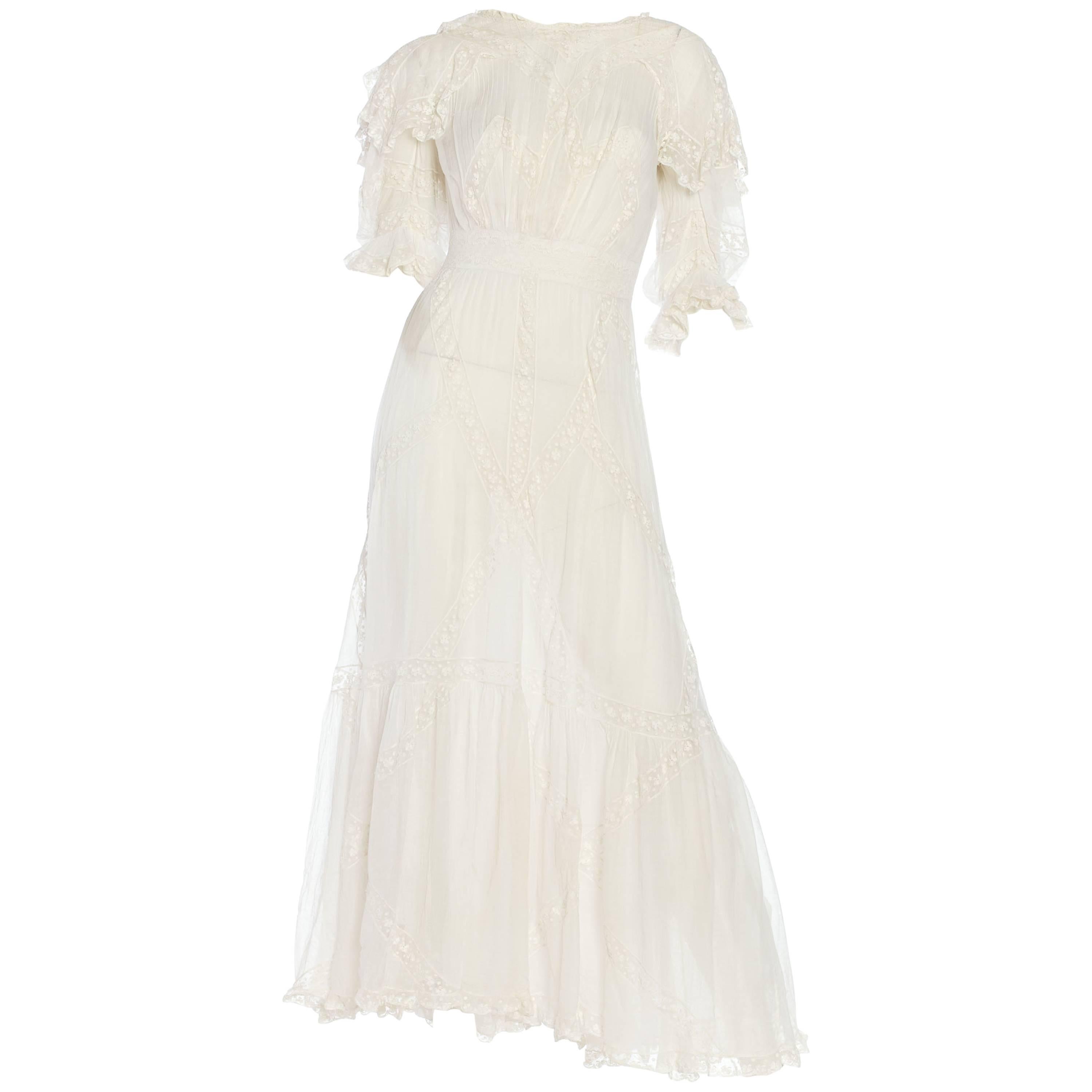 Belle Epoque Late Victorian Cotton and Lace Tea Dress