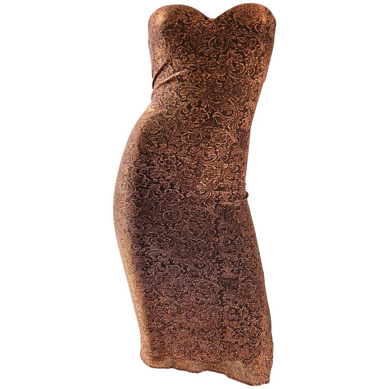 knee length dresses for ladies Long Sleeve Metallic Jersey Evening Gown in Copper Bronze main image 0