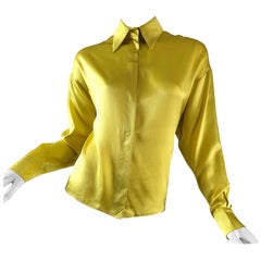 Retro Yves Saint Laurent 1990s Chartreuse Long Sleeve Liquid Silk Blouse YSL