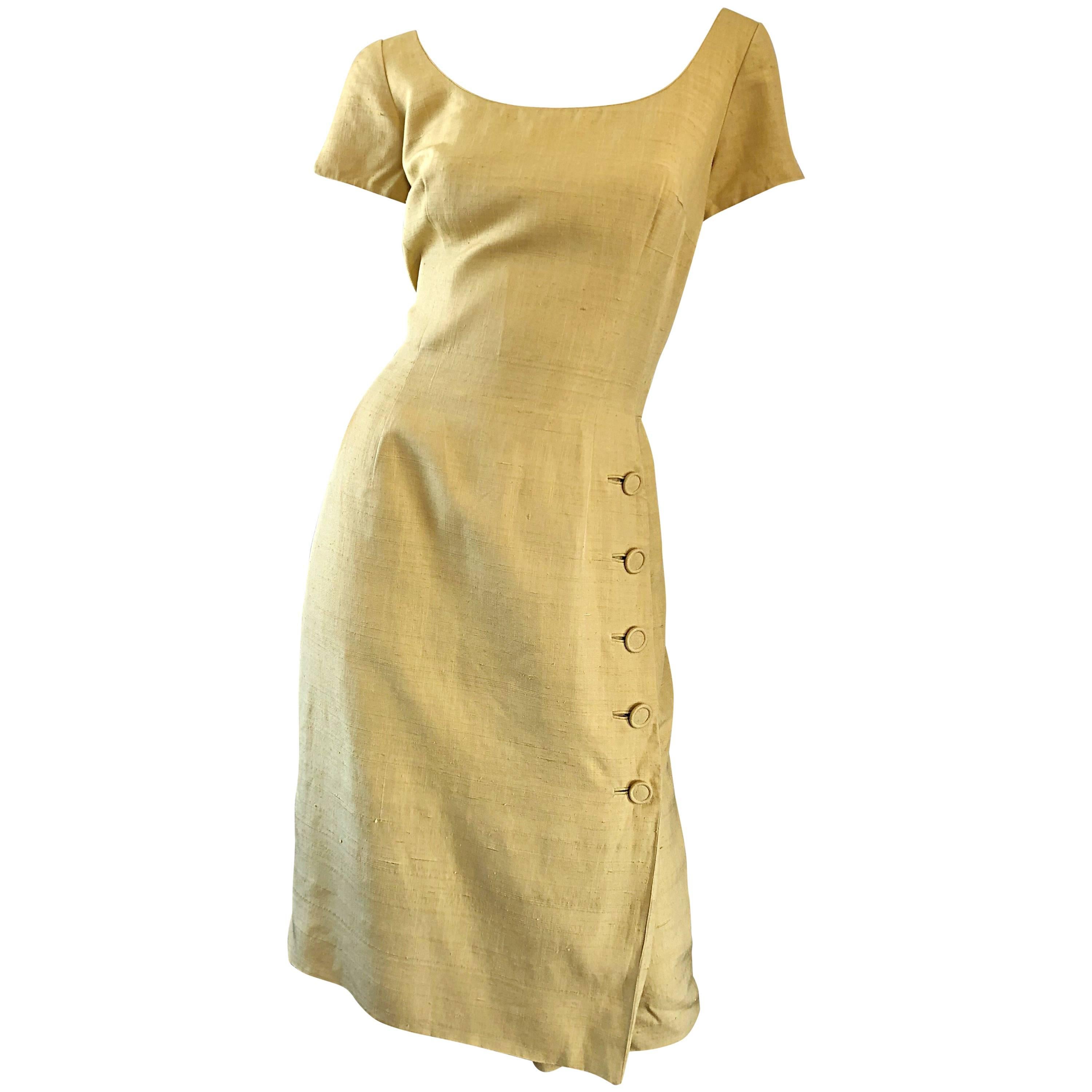 1950s Mr. Blackwell Current Size 10 / 12 Mustard Yellow Silk Vintage 50s Dress For Sale