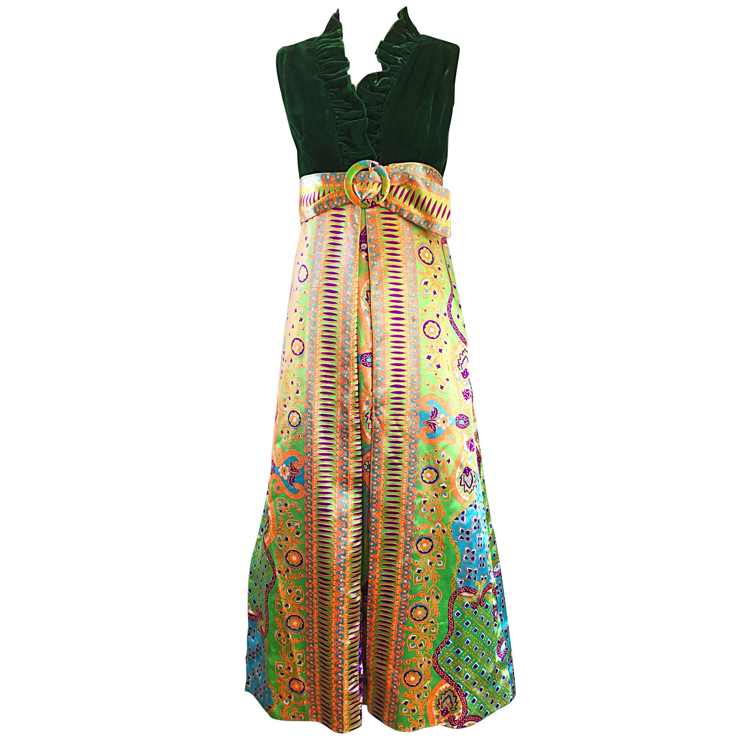 1970s Oscar de la Renta Psychedelic Silk + Velvet Vintage 70s Maxi Dress Gown 