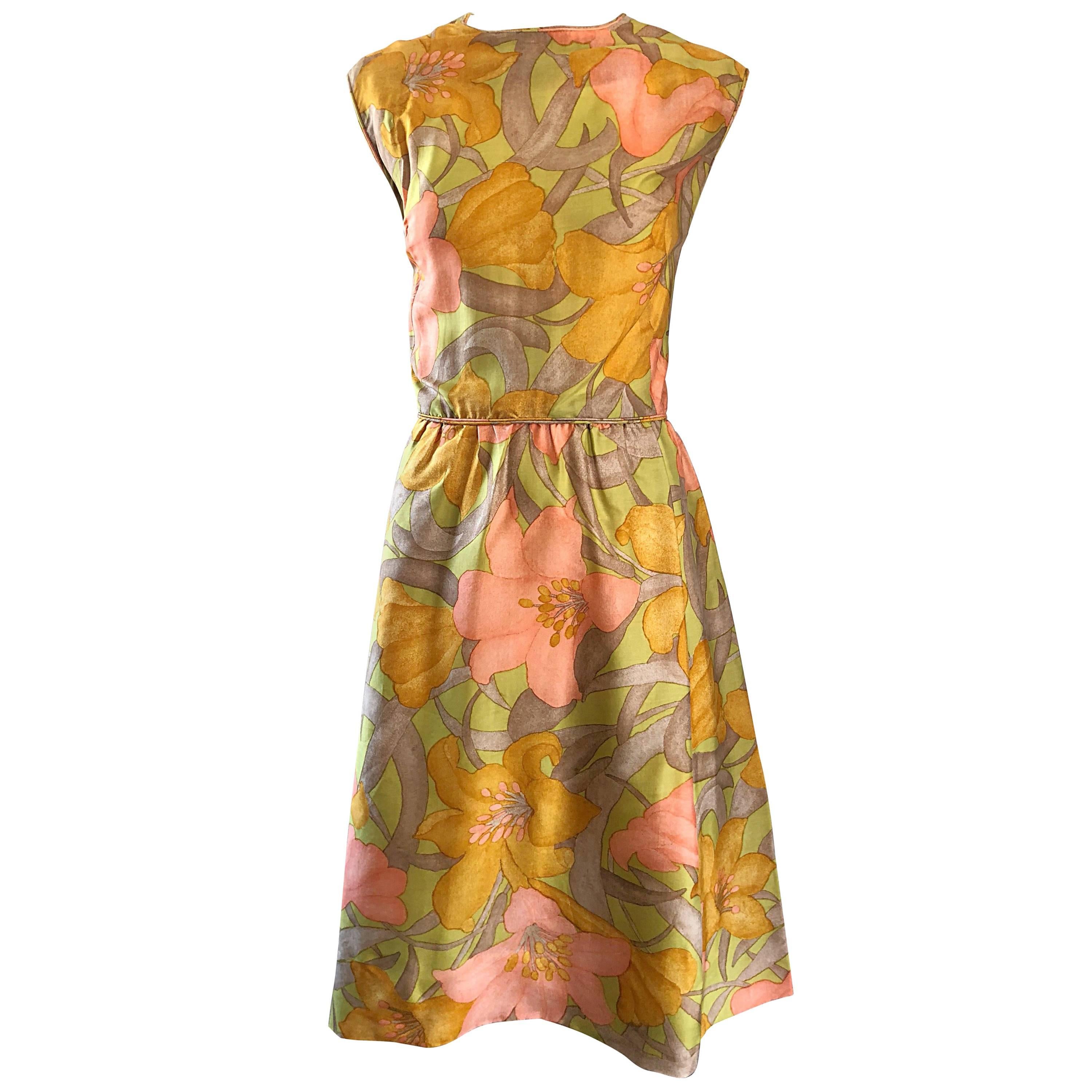 1960s House of Lord's Chic Flower Print Silk Vintage 60s Sleeveless A Line Dress