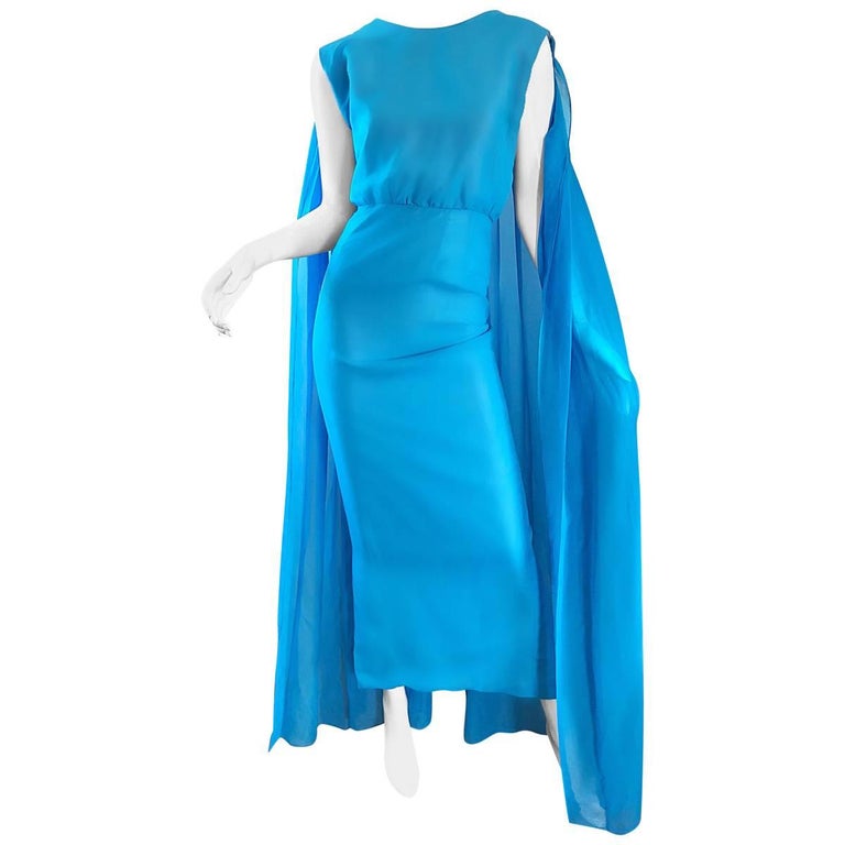 Turquoise-blue chiffon cape gown with rhinestones, 1960s