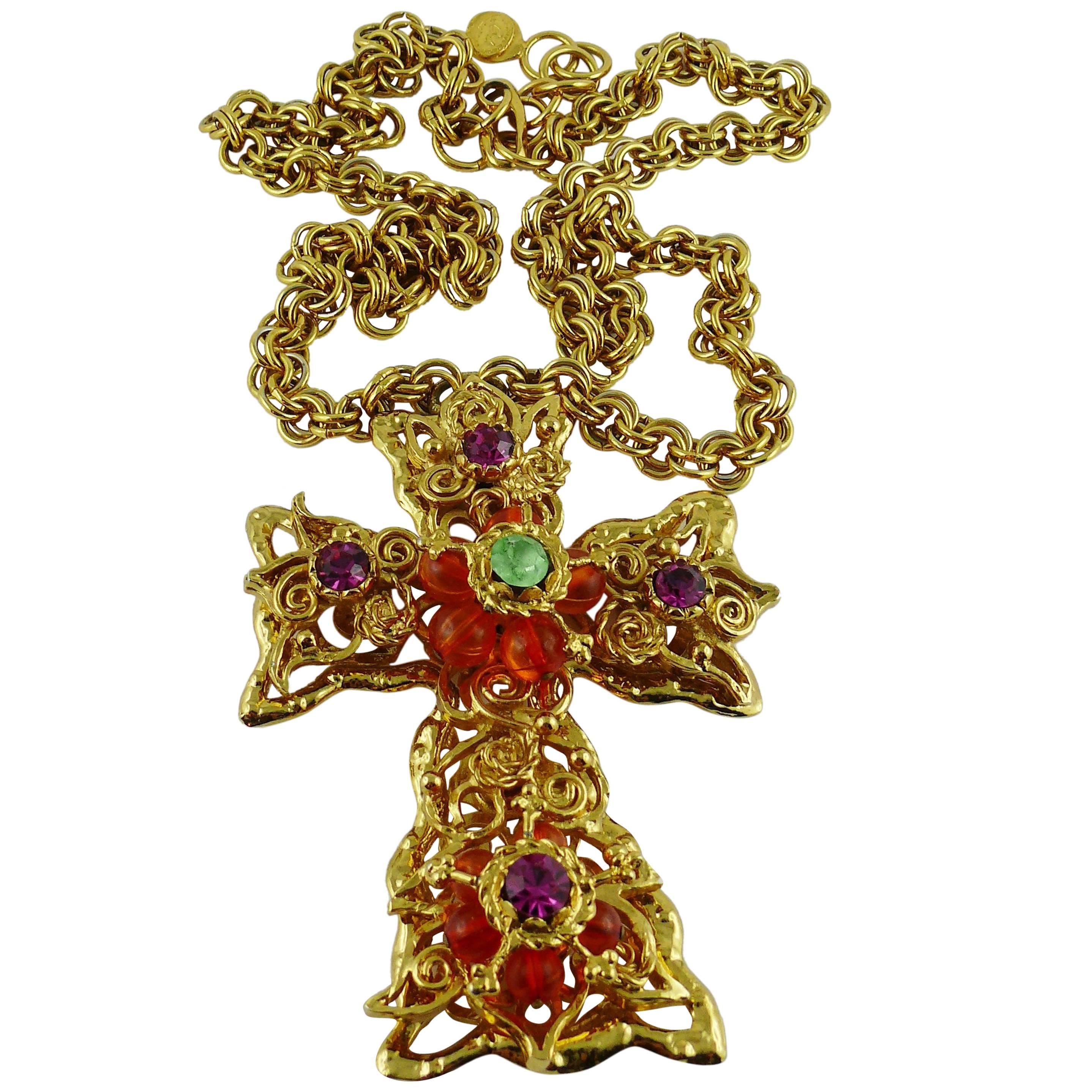 Christian Lacroix Vintage Massive Jewelled Cross Pendant Necklace