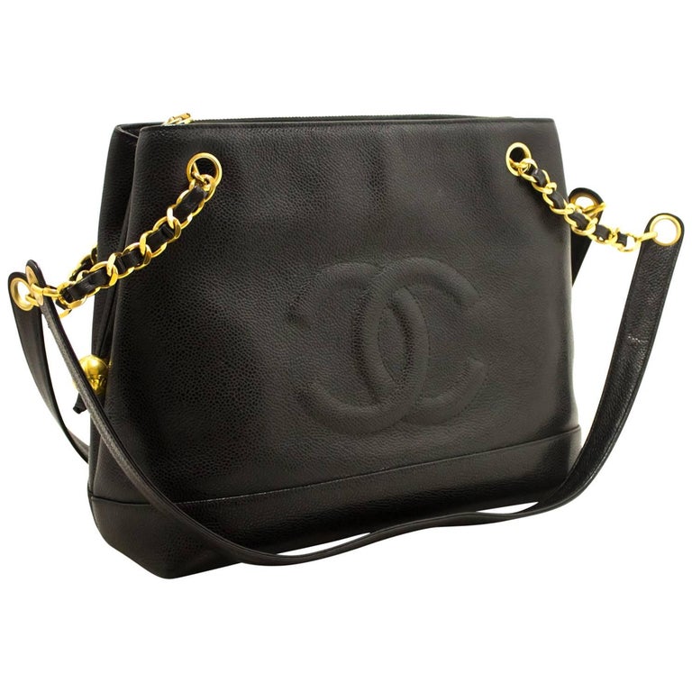 CHANEL Caviar Large Chain Shoulder Bag Black Leather Gold Zipper For ...